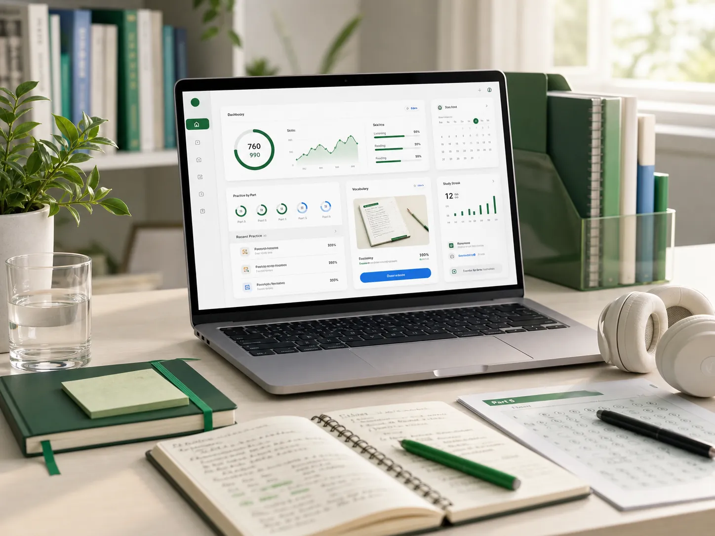 Laptop showing TOEIC Green practice interface